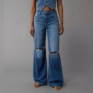 AE Dreamy Drape Stretch Ripped Super High-Waisted Baggy Wide-Leg Jean, 0